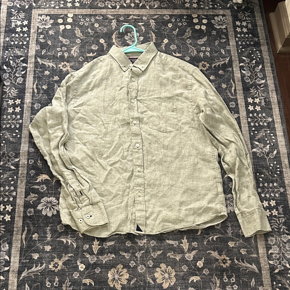 Untuckit Slim Fit Long Sleeve Button-Down Shirt Green Linen Sz M